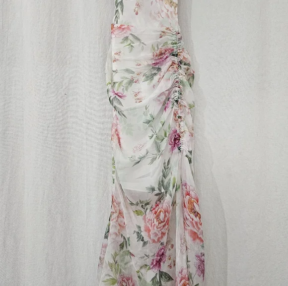 Sau Lee Frieda Silk Cowl Neck High Low Ruched Dress in White Pink Floral Size 4 - Picture 4 of 11